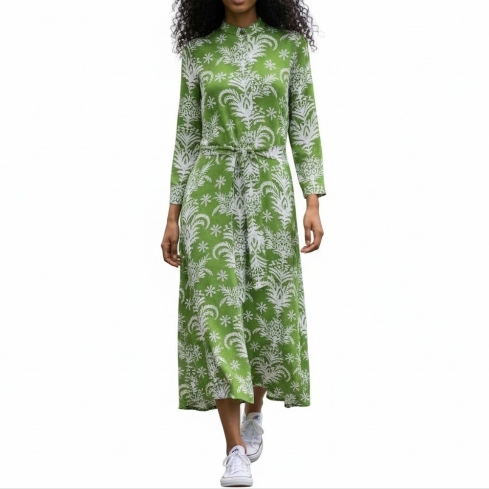 Zara Lilou Midi Dress Size S Green White Tropical Floral Belted Flowy Viscose